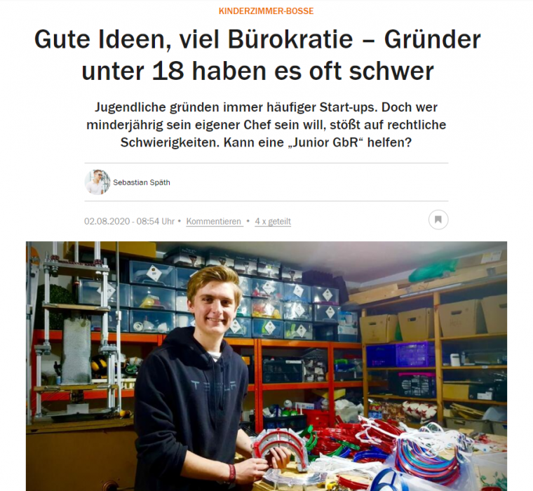 Das Bild zeigt den Artikel auf Handelsblatt.com zum Thema Gründer unter 18 haben es oft schwer.