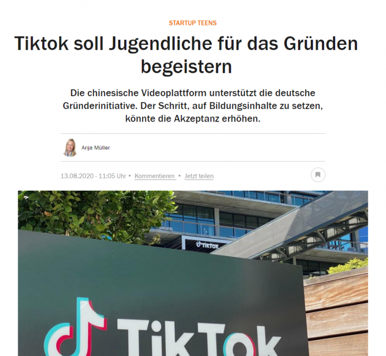 Das Bild zeigt den Bericht auf handelsblatt.de zur Kooperation von TikTok und Startup Teens.