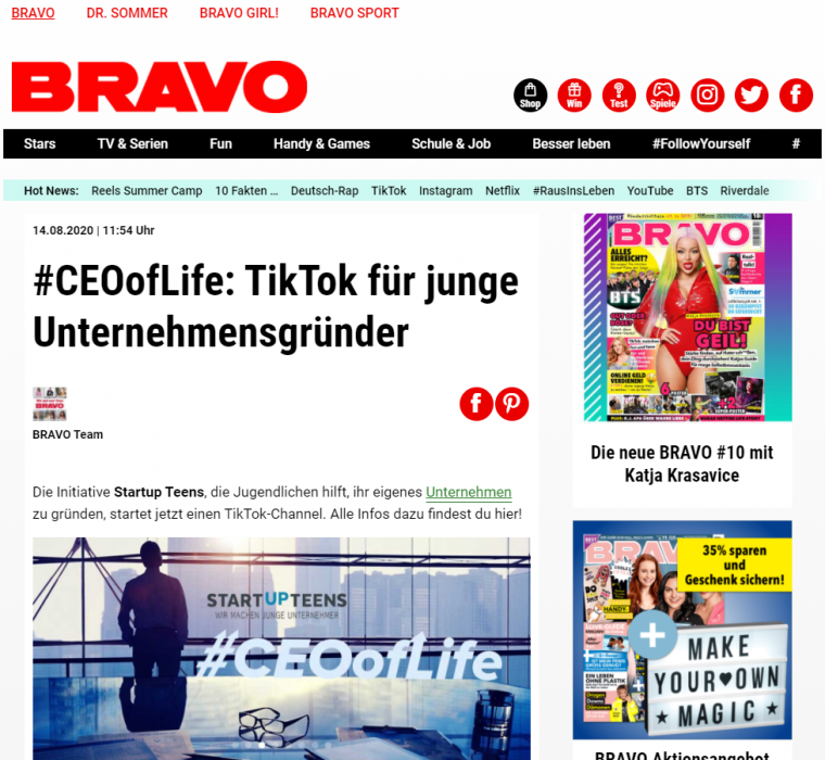 Das Bild zeigt die Internetseite bravo.de und den Artikel zu #CEOofLife auf TikTok.