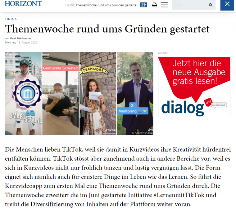Das Bild zeigt die Seite Horizont.NET und den Artikel über TikTok und Gründer.