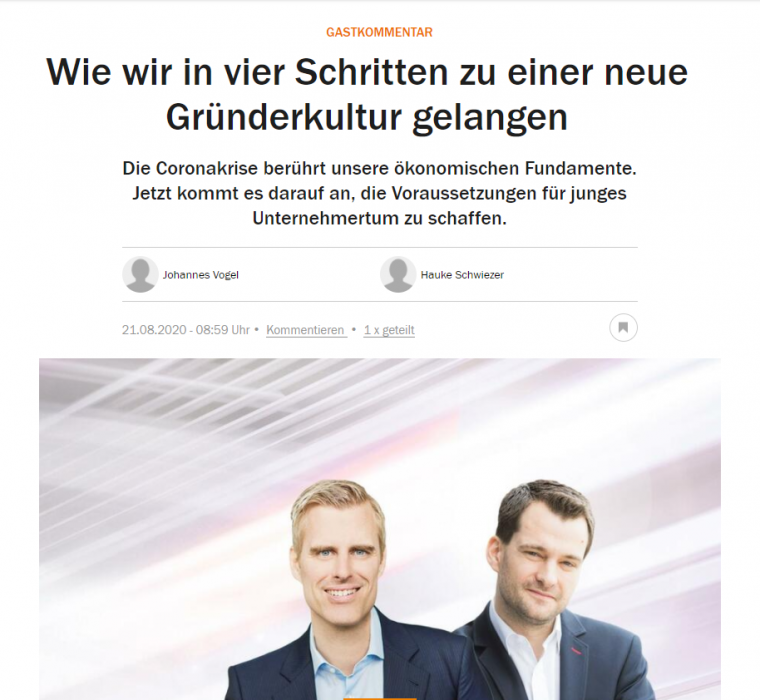 Das Bild zeigt den Online-Artikel von Hauke Schwiezer und Johannes Vogel auf handelsblatt.de